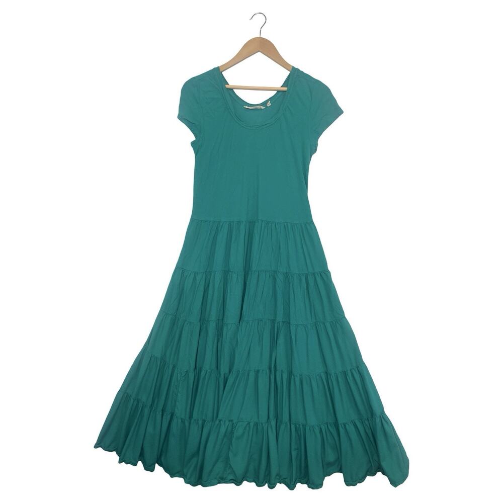 Soft Surroundings Dress Womens Small Green Midi Short Sleeve Tiered Boho Peasant